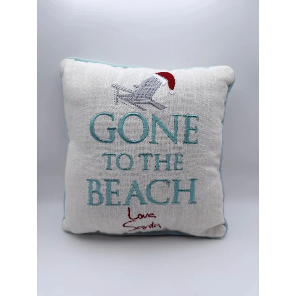 Gone to the Beach Embroidered White Decorative Pillow Light‎ Blue Trim